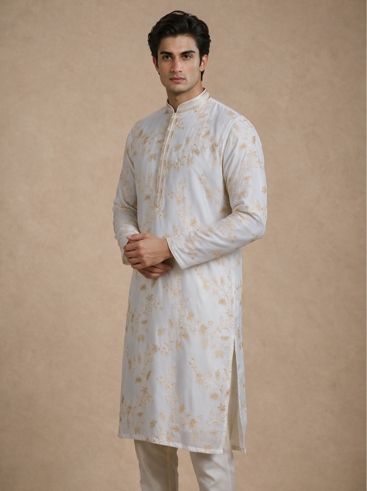 Manyavar Men Cream Georgette Kurta Churidar with Embroidery