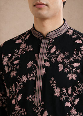Manyavar Men Black Georgette Kurta Churidar with Embroidery