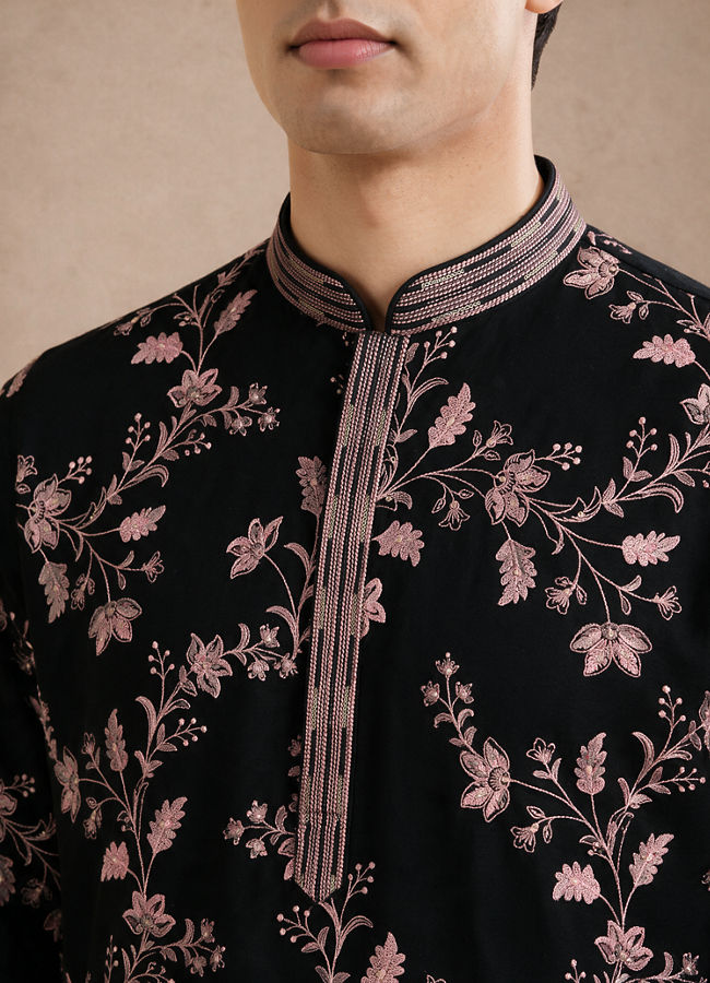 Manyavar Men Black Georgette Kurta Churidar with Embroidery