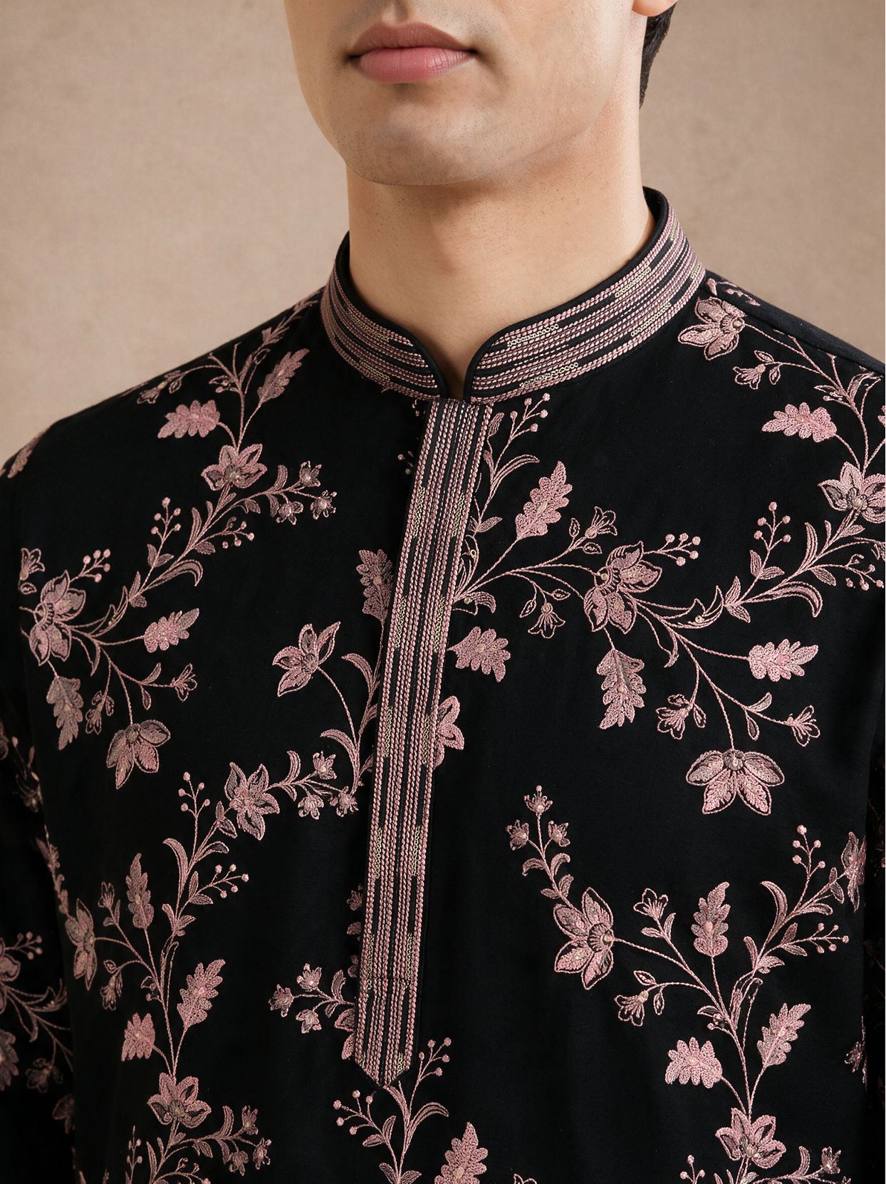 Manyavar Men Black Georgette Kurta Churidar with Embroidery