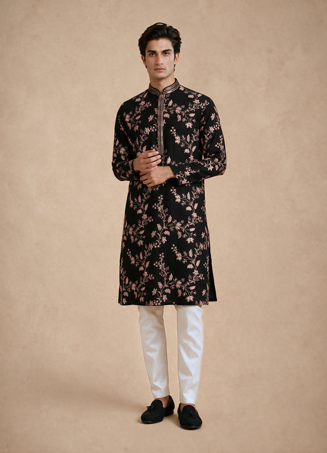 Manyavar Men Black Georgette Kurta Churidar with Embroidery