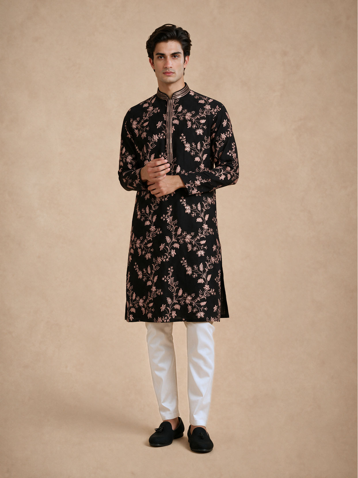 Manyavar Men Black Georgette Kurta Churidar with Embroidery