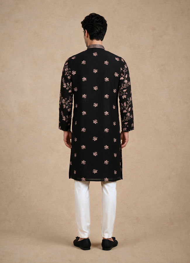 Manyavar Men Black Georgette Kurta Churidar with Embroidery