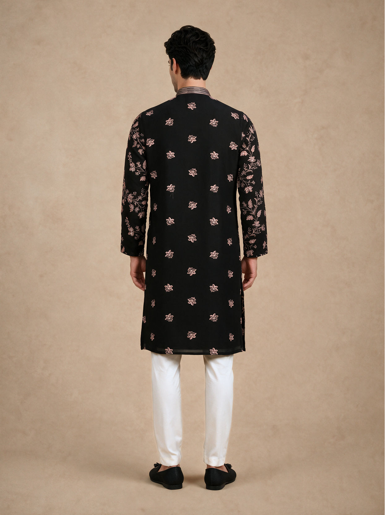 Manyavar Men Black Georgette Kurta Churidar with Embroidery