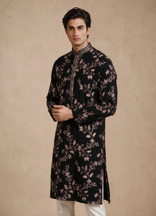 Manyavar Men Black Georgette Kurta Churidar with Embroidery