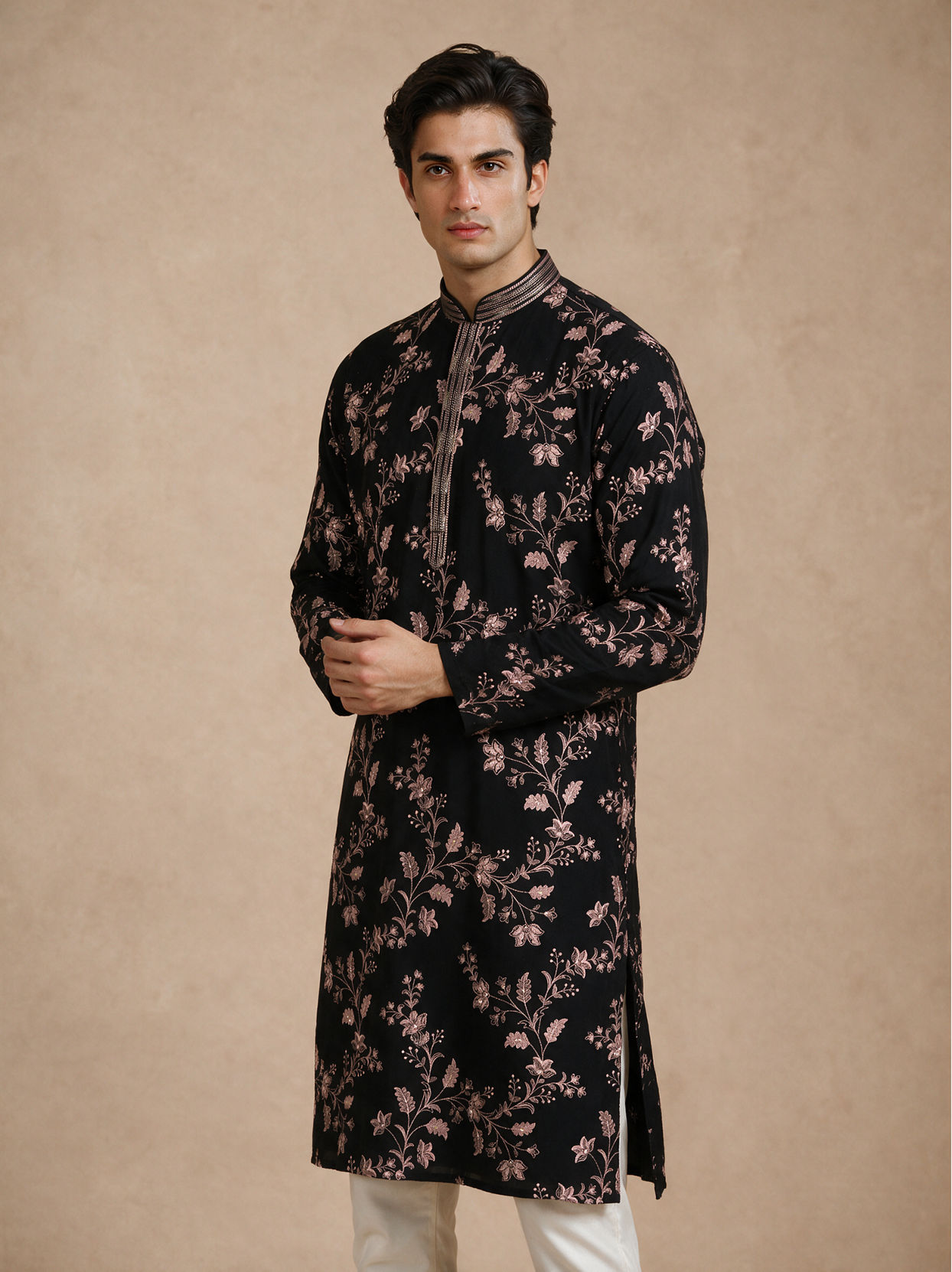 Manyavar Men Black Georgette Kurta Churidar with Embroidery