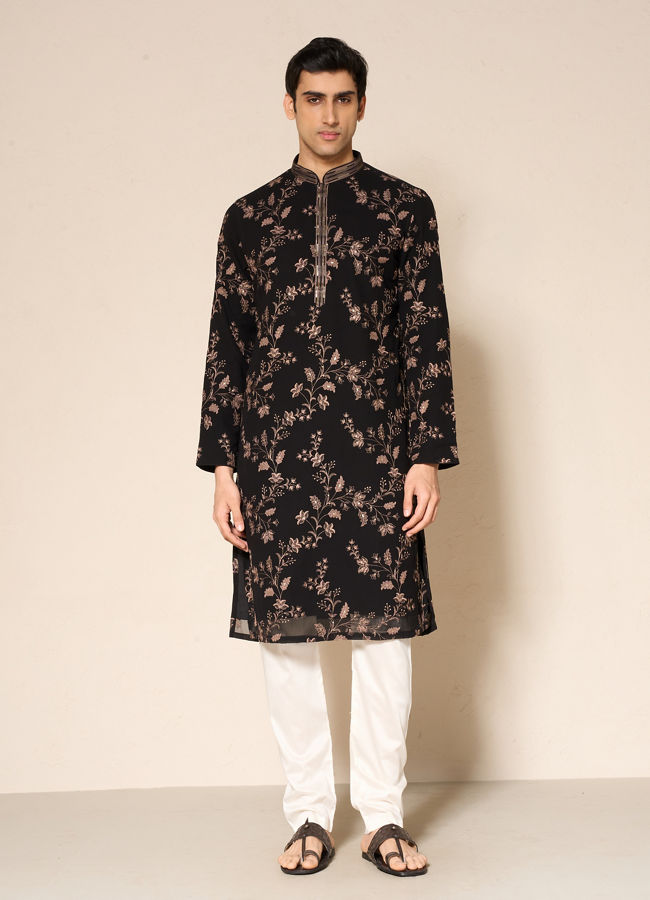 Manyavar Men Black Georgette Kurta Churidar with Embroidery