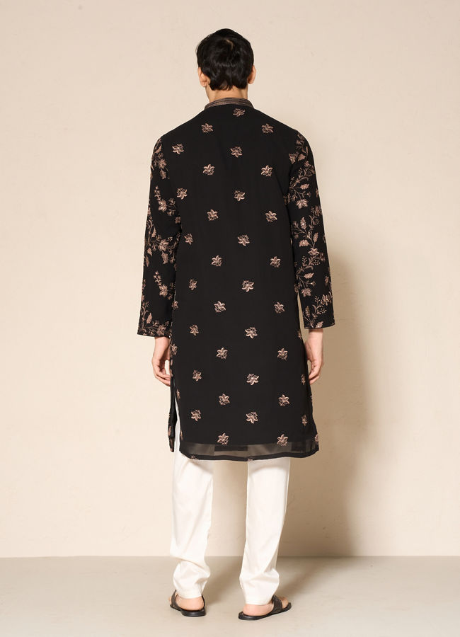 Manyavar Men Black Georgette Kurta Churidar with Embroidery
