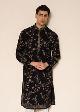 Manyavar Men Black Georgette Kurta Churidar with Embroidery