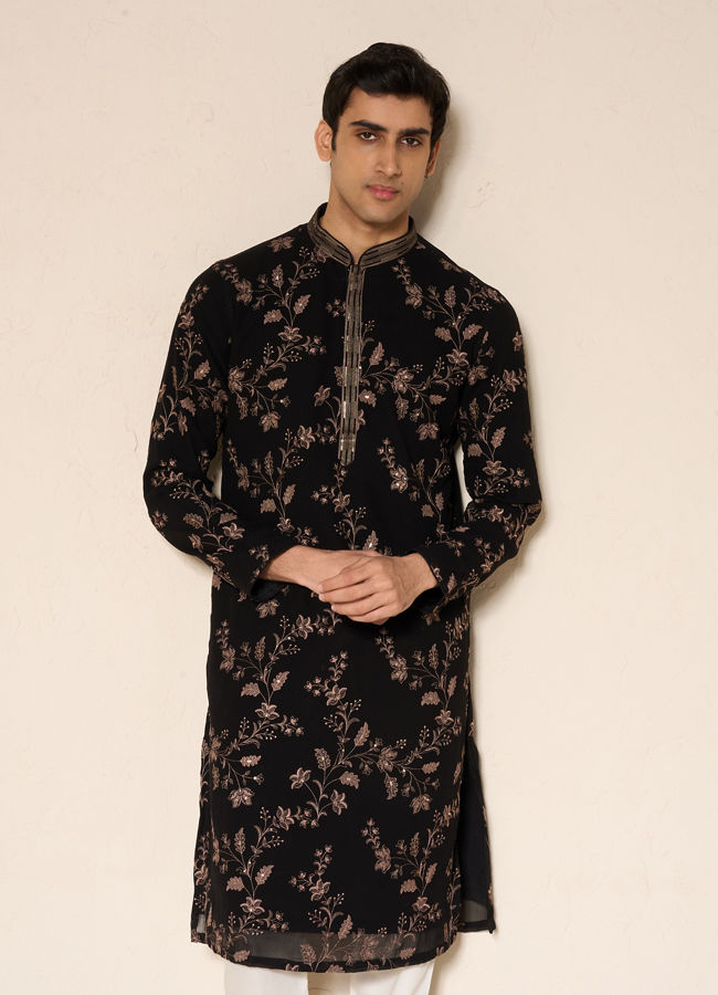 Manyavar Men Black Georgette Kurta Churidar with Embroidery