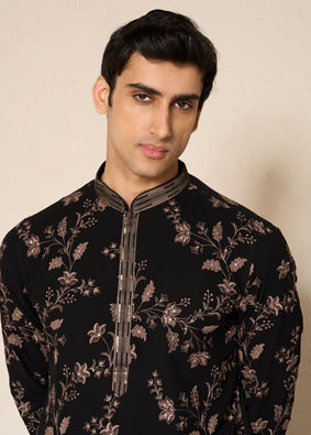 Manyavar Men Black Georgette Kurta Churidar with Embroidery