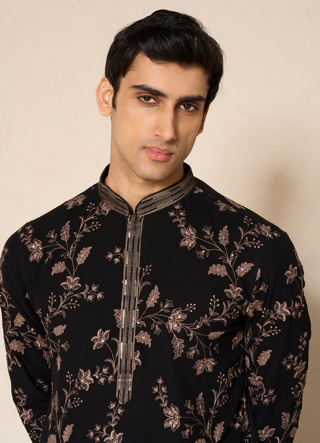 Manyavar Men Black Georgette Kurta Churidar with Embroidery