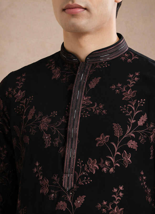 Manyavar Men Black Georgette Kurta Churidar with Embroidery