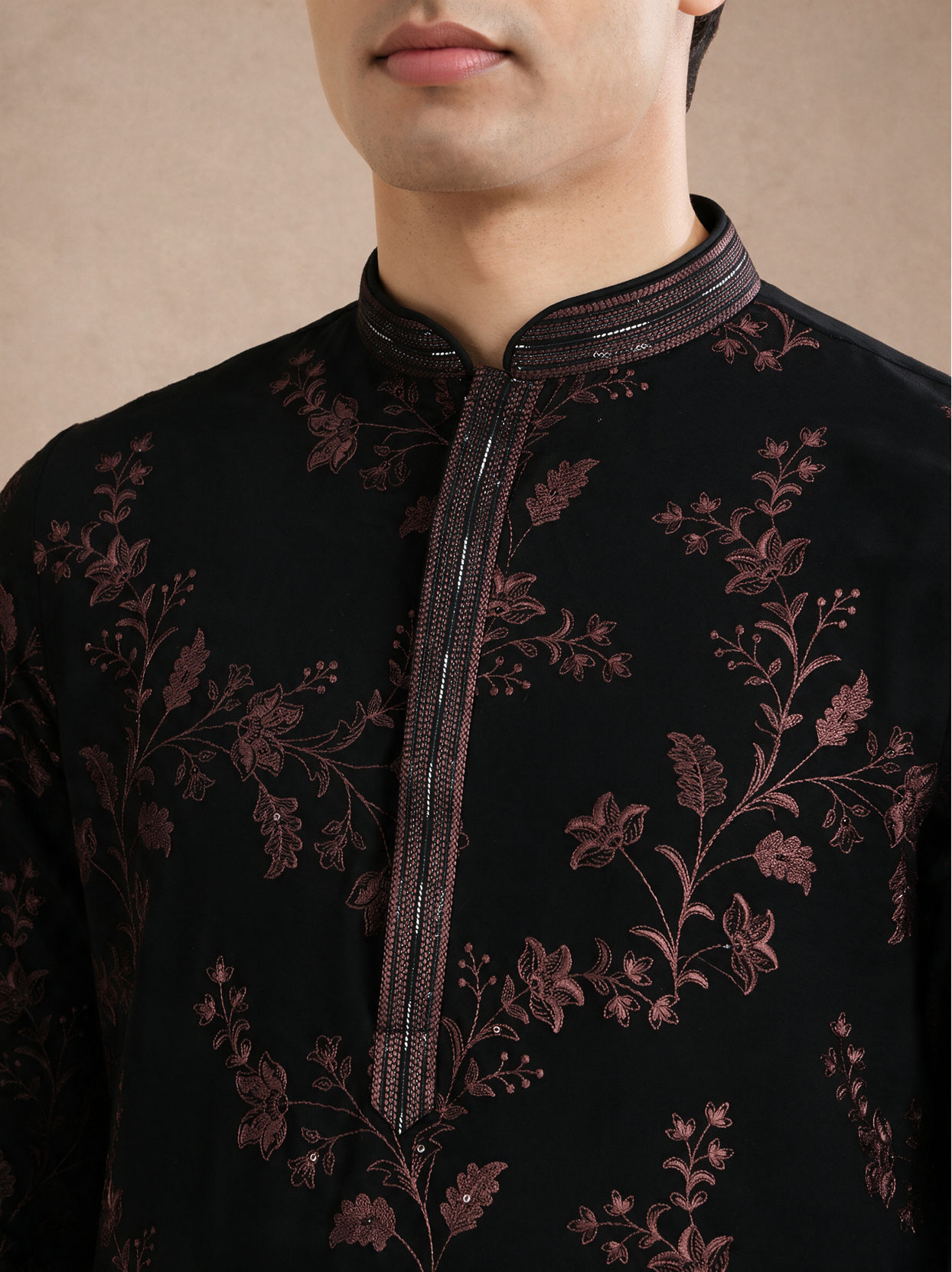 Manyavar Men Black Georgette Kurta Churidar with Embroidery