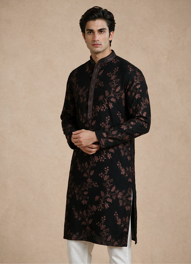 Manyavar Men Black Georgette Kurta Churidar with Embroidery