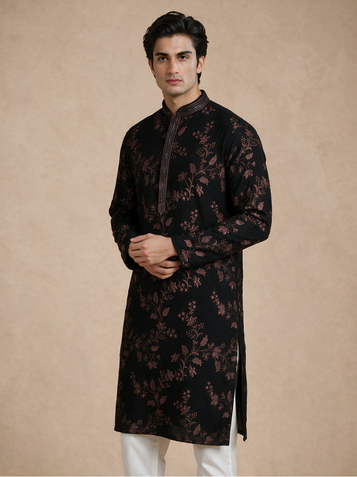 Manyavar Men Black Georgette Kurta Churidar with Embroidery