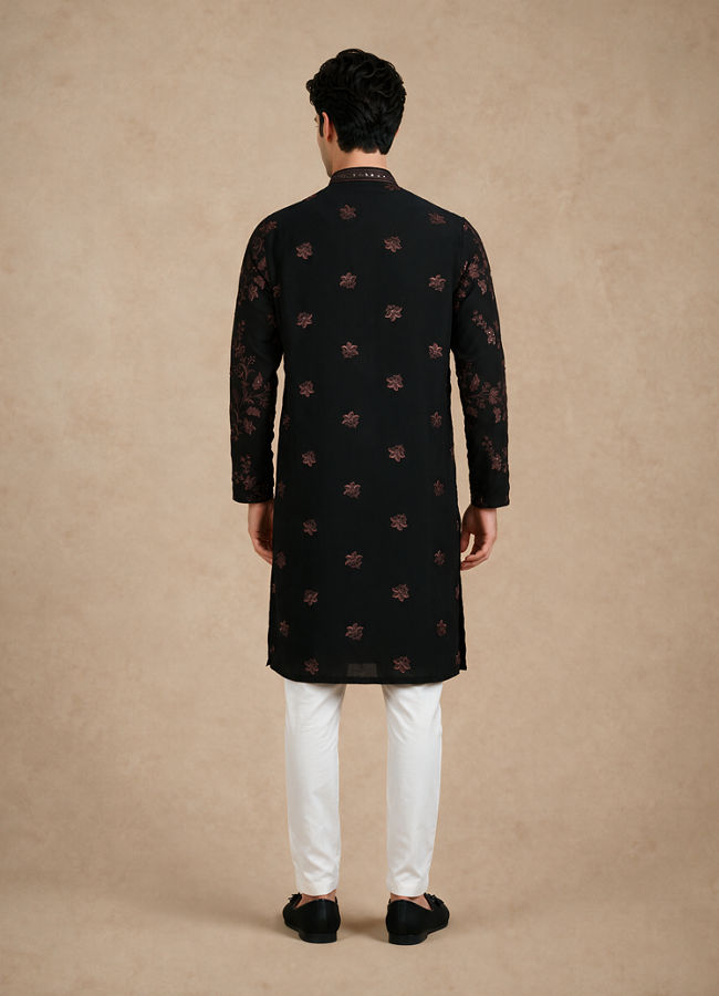 Manyavar Men Black Georgette Kurta Churidar with Embroidery
