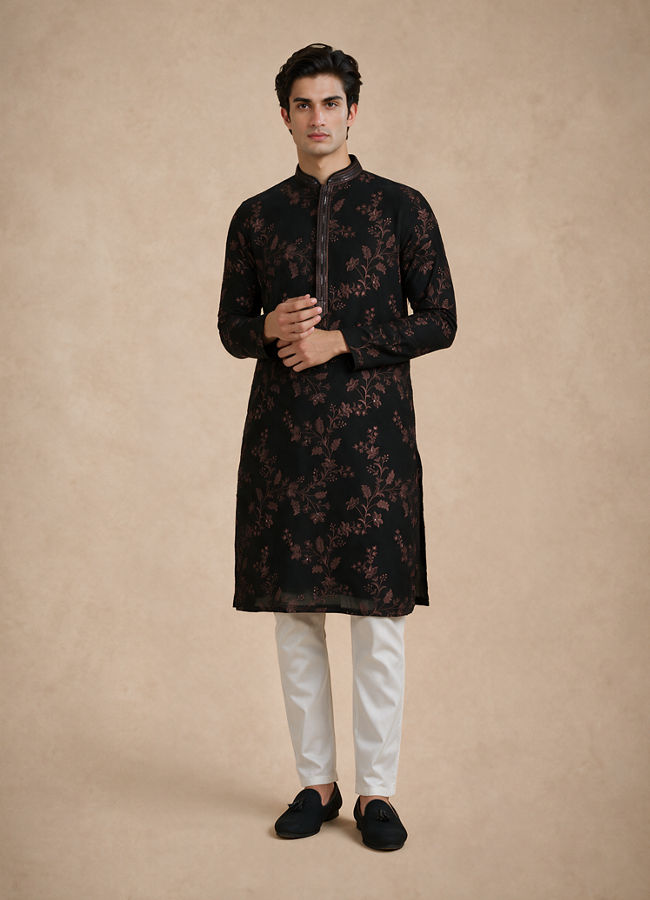 Manyavar Men Black Georgette Kurta Churidar with Embroidery
