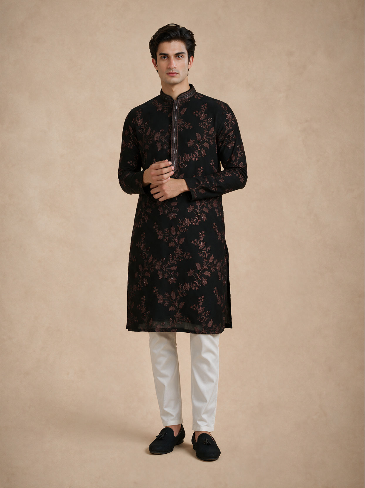 Manyavar Men Black Georgette Kurta Churidar with Embroidery
