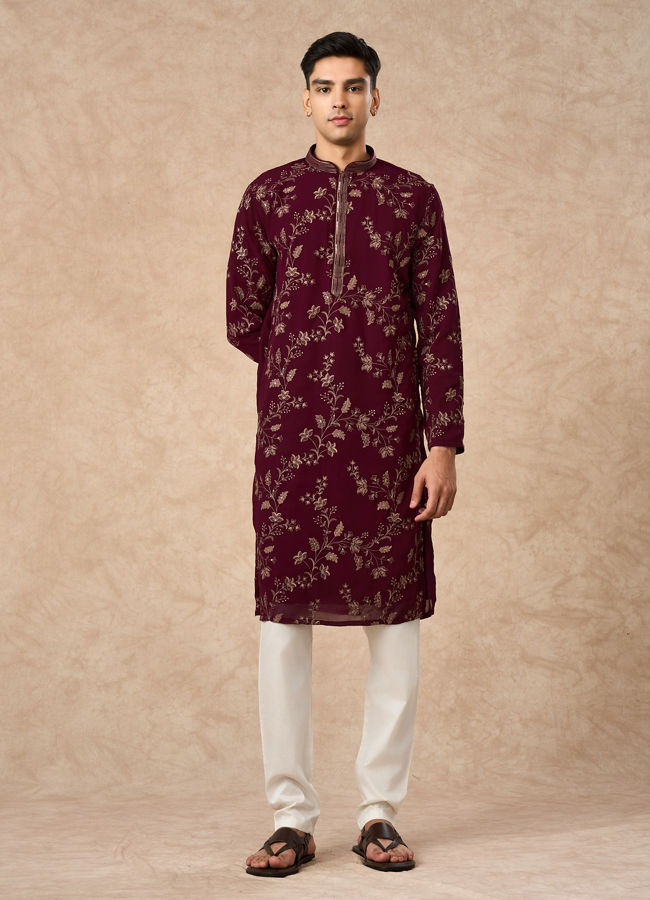Manyavar Men Wine Georgette Kurta Pajama