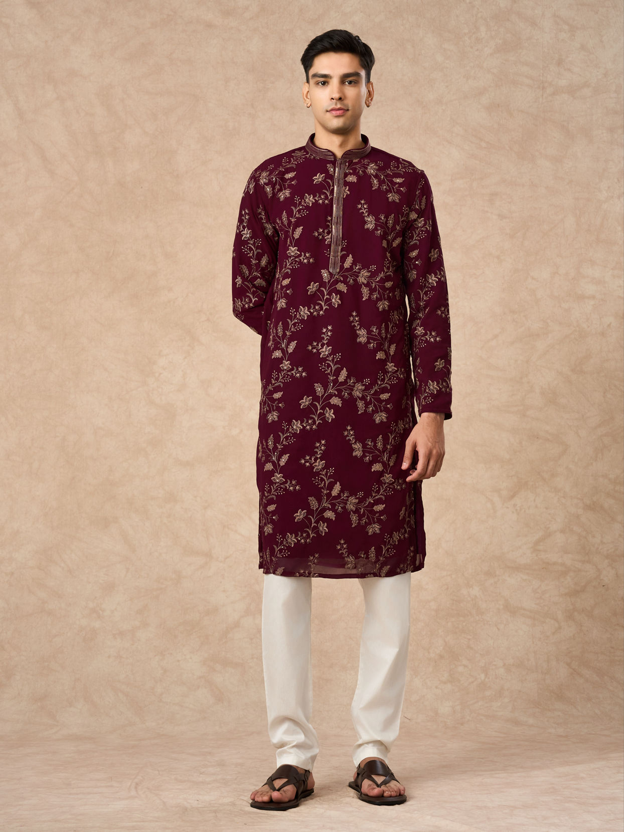 Manyavar Men Wine Georgette Kurta Pajama
