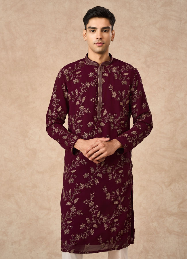 Manyavar Men Wine Georgette Kurta Pajama