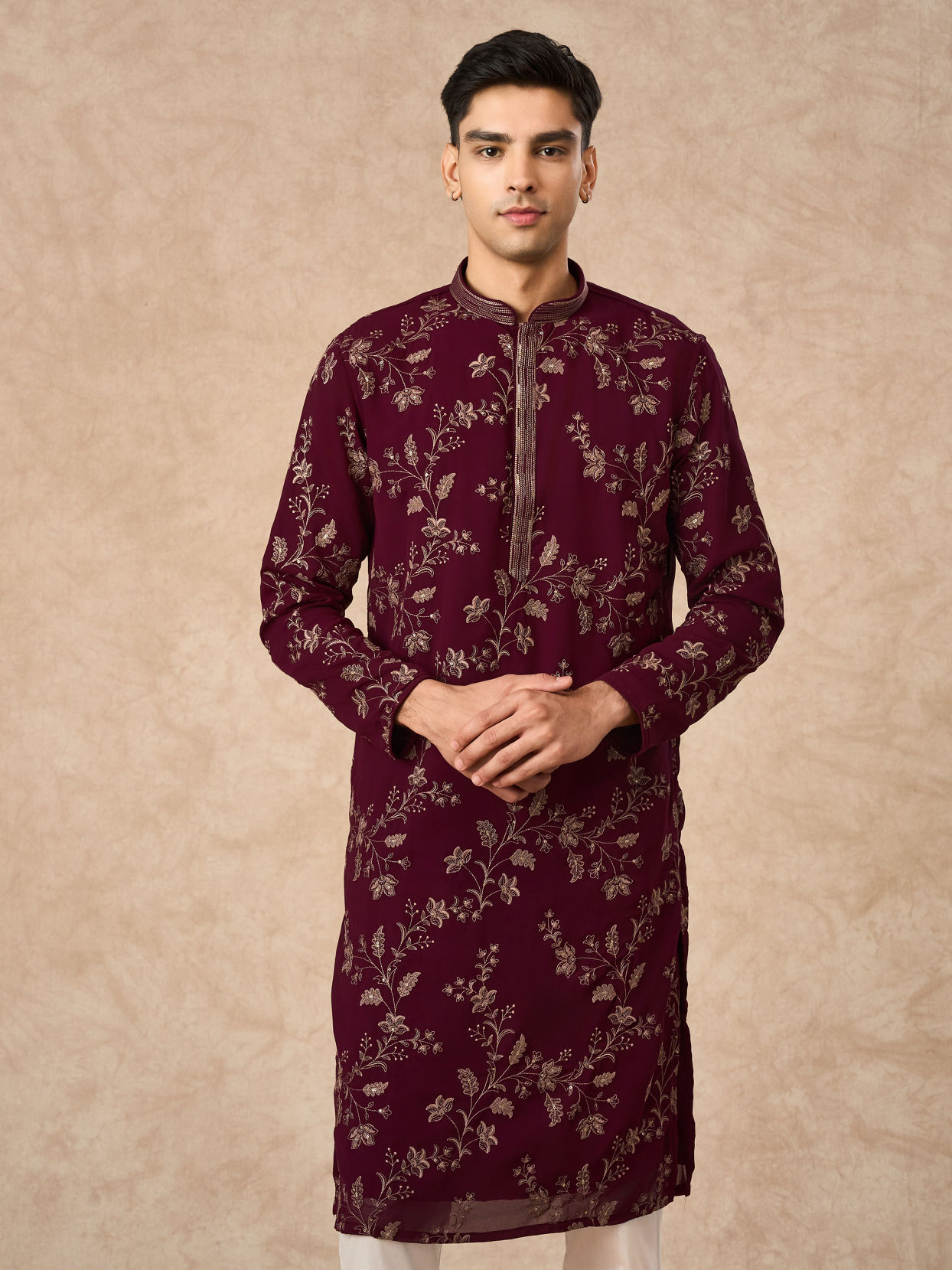 Manyavar Men Wine Georgette Kurta Pajama