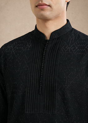 Manyavar Men Black Art Silk Kurta Pant with Beads Work