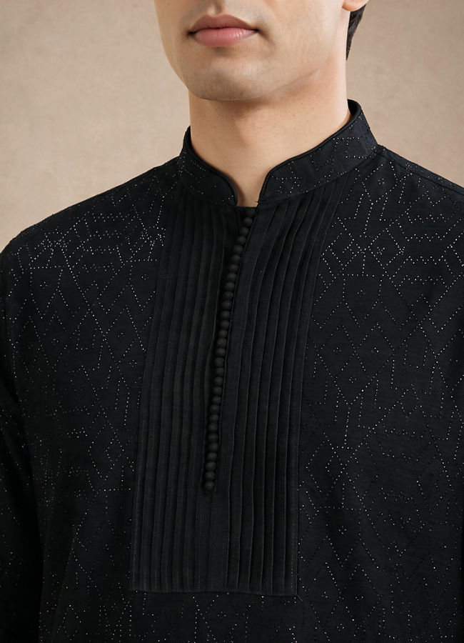 Manyavar Men Black Art Silk Kurta Pant with Beads Work