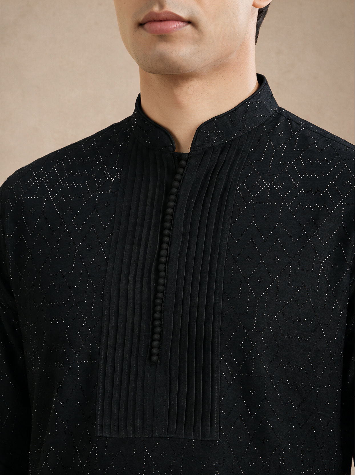 Manyavar Men Black Art Silk Kurta Pant with Beads Work