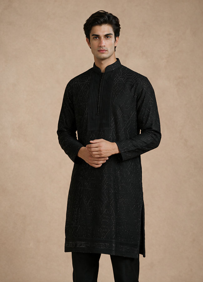 Manyavar Men Black Art Silk Kurta Pant with Beads Work