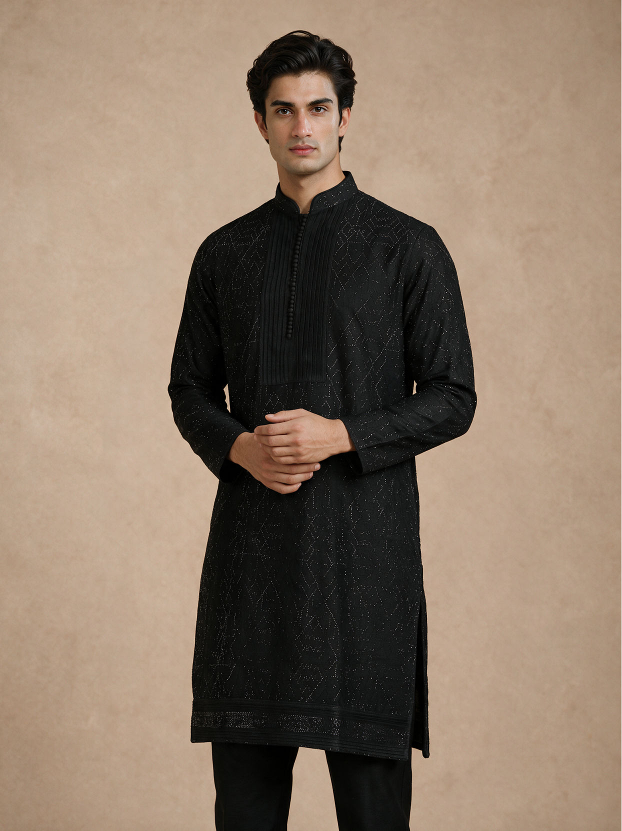 Manyavar Men Black Art Silk Kurta Pant with Beads Work