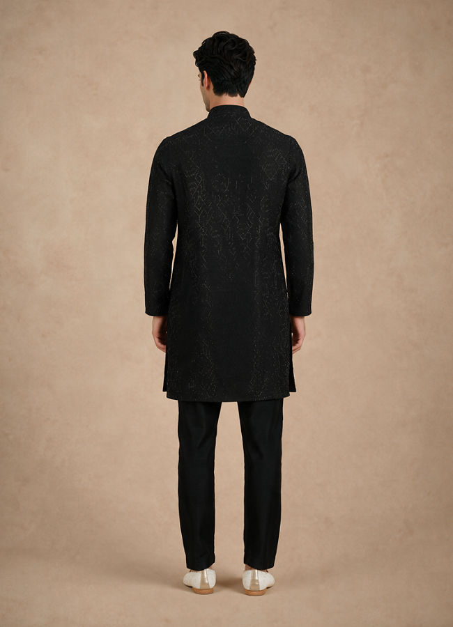 Manyavar Men Black Art Silk Kurta Pant with Beads Work