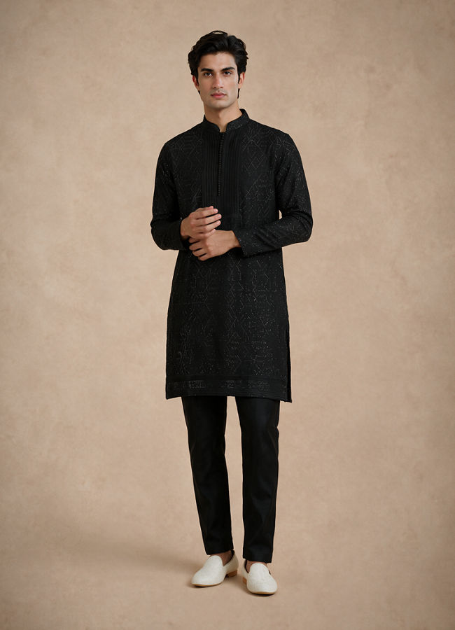 Manyavar Men Black Art Silk Kurta Pant with Beads Work
