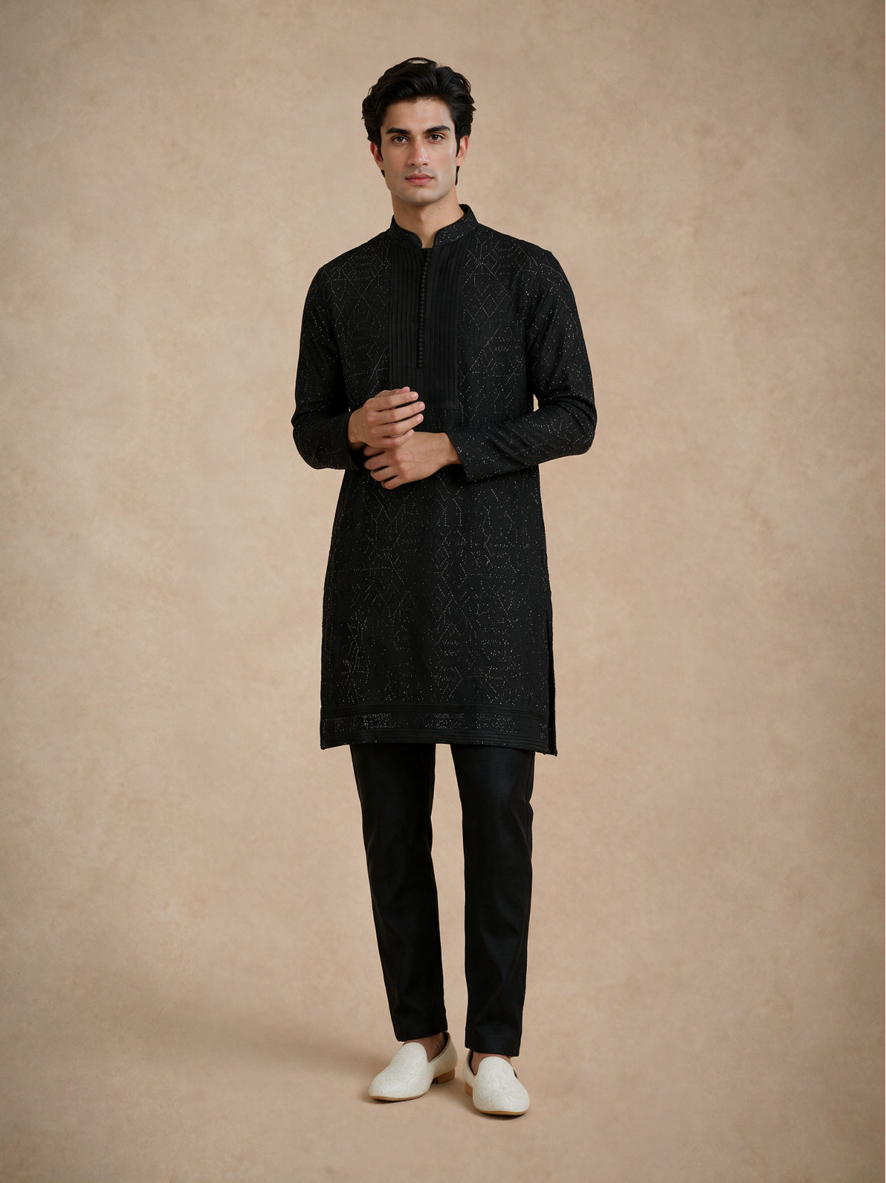 Manyavar Men Black Art Silk Kurta Pant with Beads Work