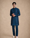 Manyavar Men Teal Blue Silk Kurta Pant with Bead Work