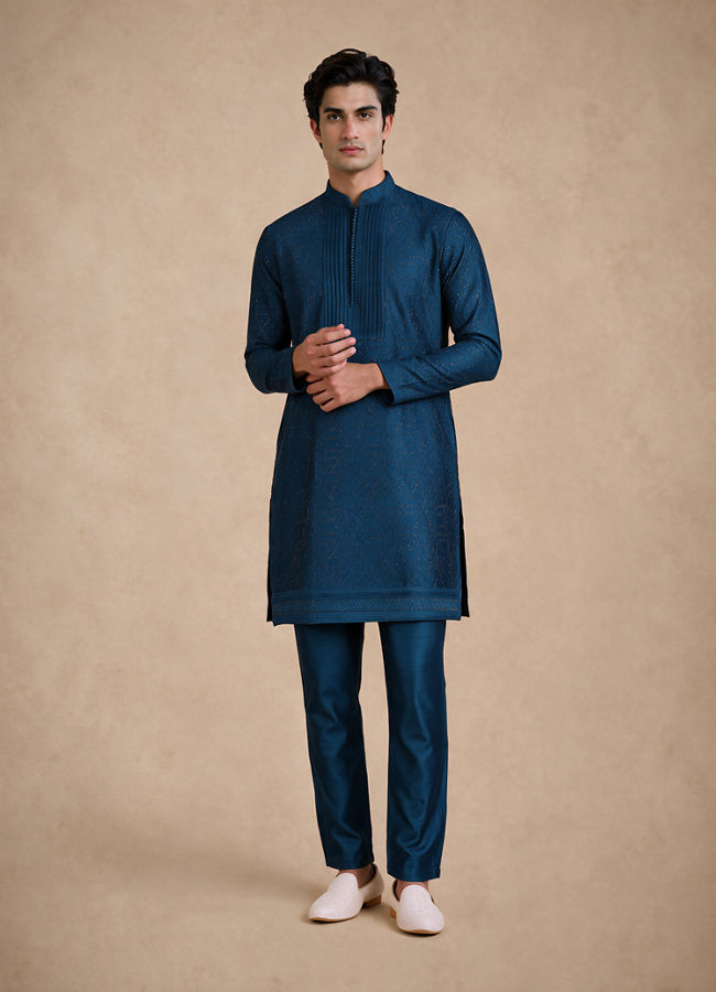 Manyavar Men Teal Blue Silk Kurta Pant with Bead Work