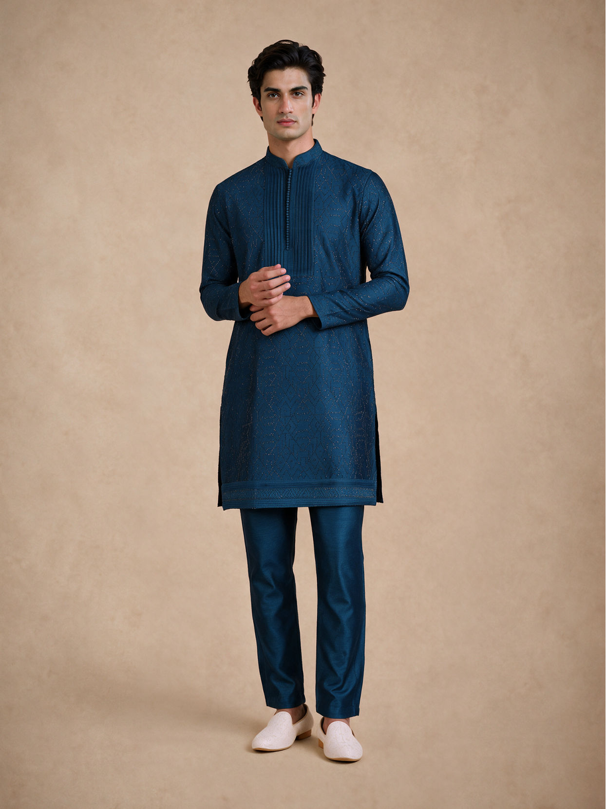 Manyavar Men Teal Blue Silk Kurta Pant with Bead Work