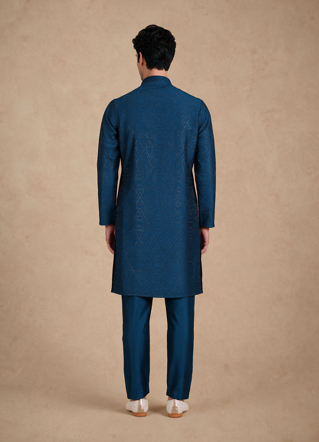 Manyavar Men Teal Blue Silk Kurta Pant with Bead Work