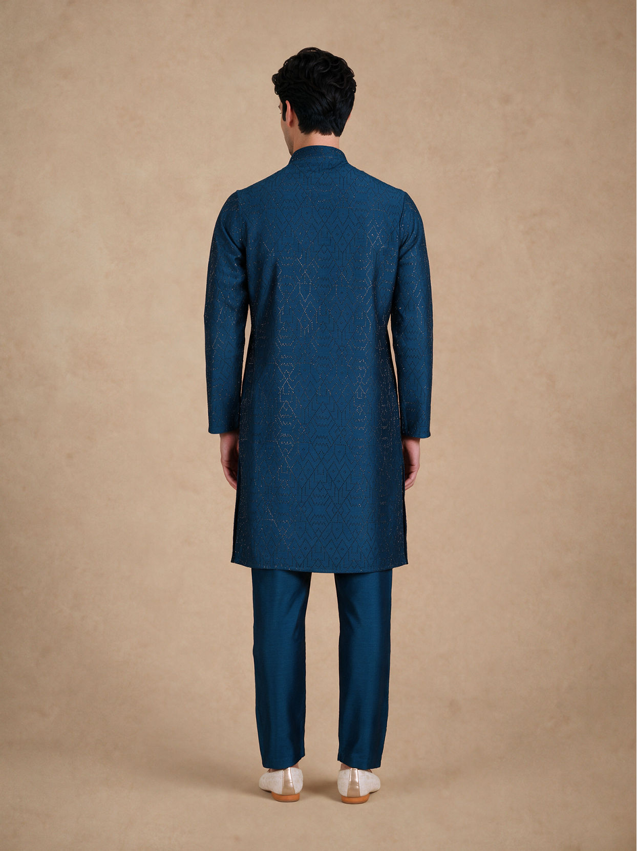 Manyavar Men Teal Blue Silk Kurta Pant with Bead Work