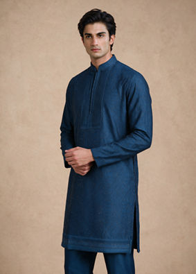 Manyavar Men Teal Blue Silk Kurta Pant with Bead Work