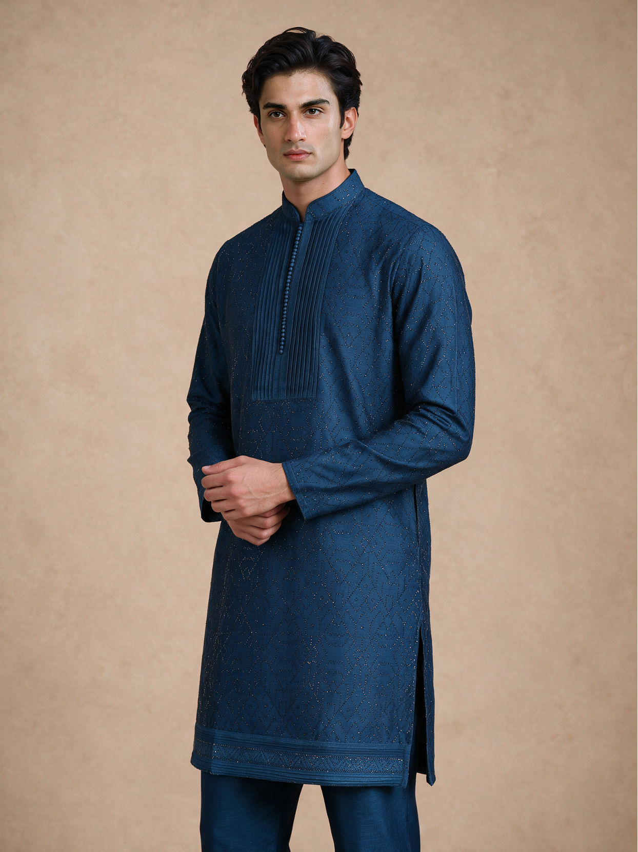 Manyavar Men Teal Blue Silk Kurta Pant with Bead Work