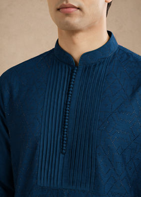 Manyavar Men Teal Blue Silk Kurta Pant with Bead Work