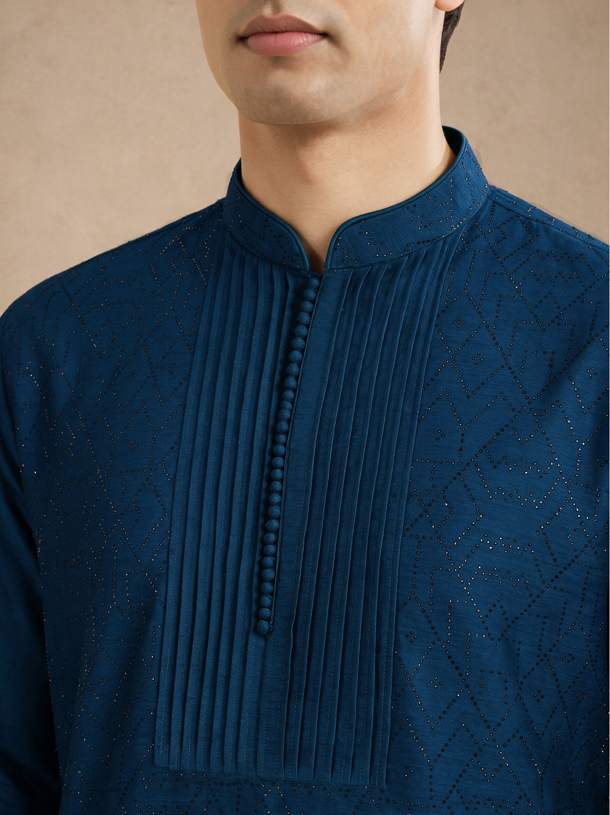 Manyavar Men Teal Blue Silk Kurta Pant with Bead Work