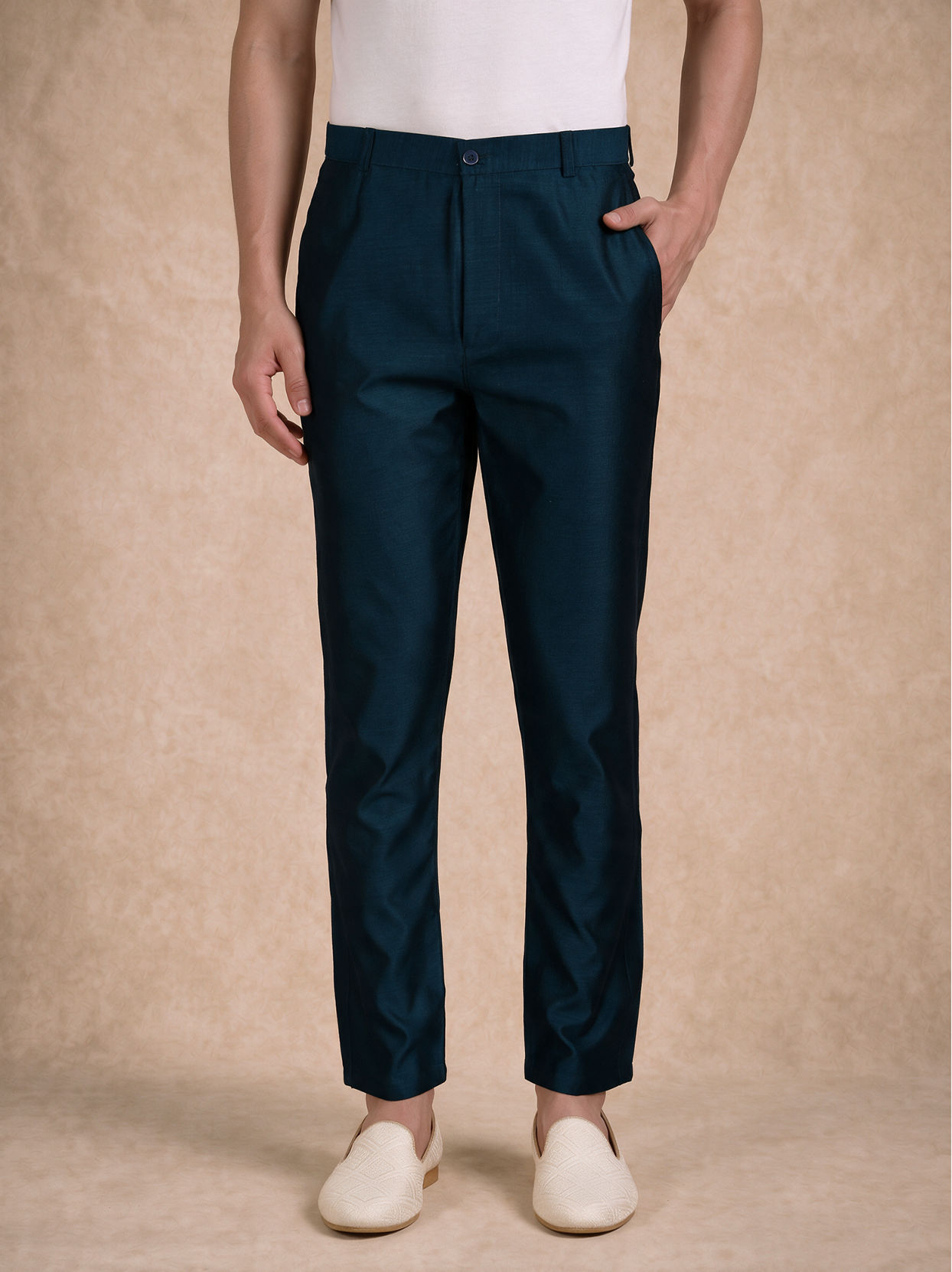 Manyavar Men Teal Blue Silk Kurta Pant with Bead Work