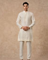 Manyavar Men Cream Silk Kurta Pant with Pleats
