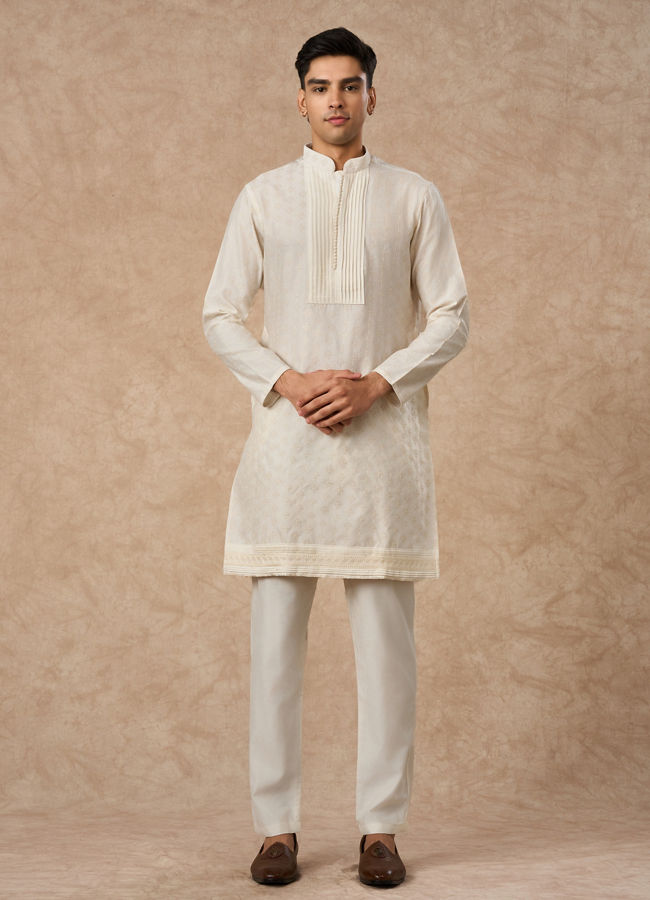 Manyavar Men Cream Silk Kurta Pant with Pleats