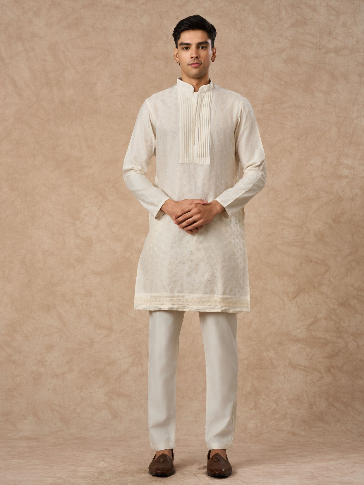 Manyavar Men Cream Silk Kurta Pant with Pleats