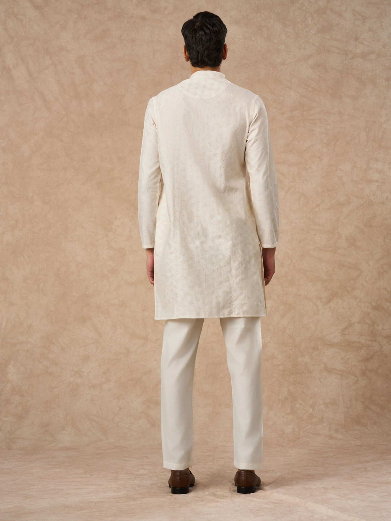 Manyavar Men Cream Silk Kurta Pant with Pleats