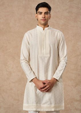 Manyavar Men Cream Silk Kurta Pant with Pleats